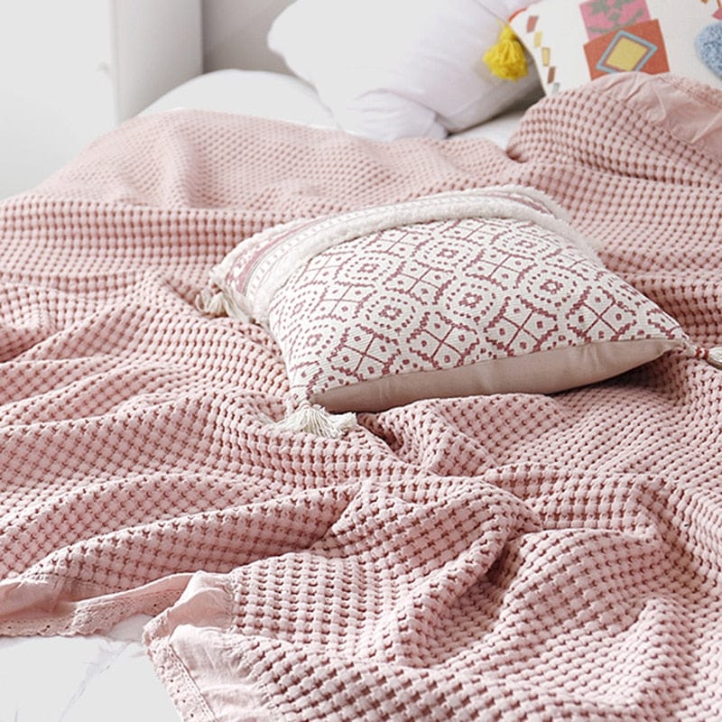 100% Cotton Soft Bed Plaid Home Knitted Blanket Corn Grain Waffle Embossed Summer Ruffles Warm Plaid Throw Bedspread