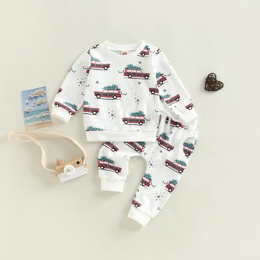 Toddler Baby Girl Boy 2pcs Christmas Autumn Clothes Long Sleeve Car Printed Top Long