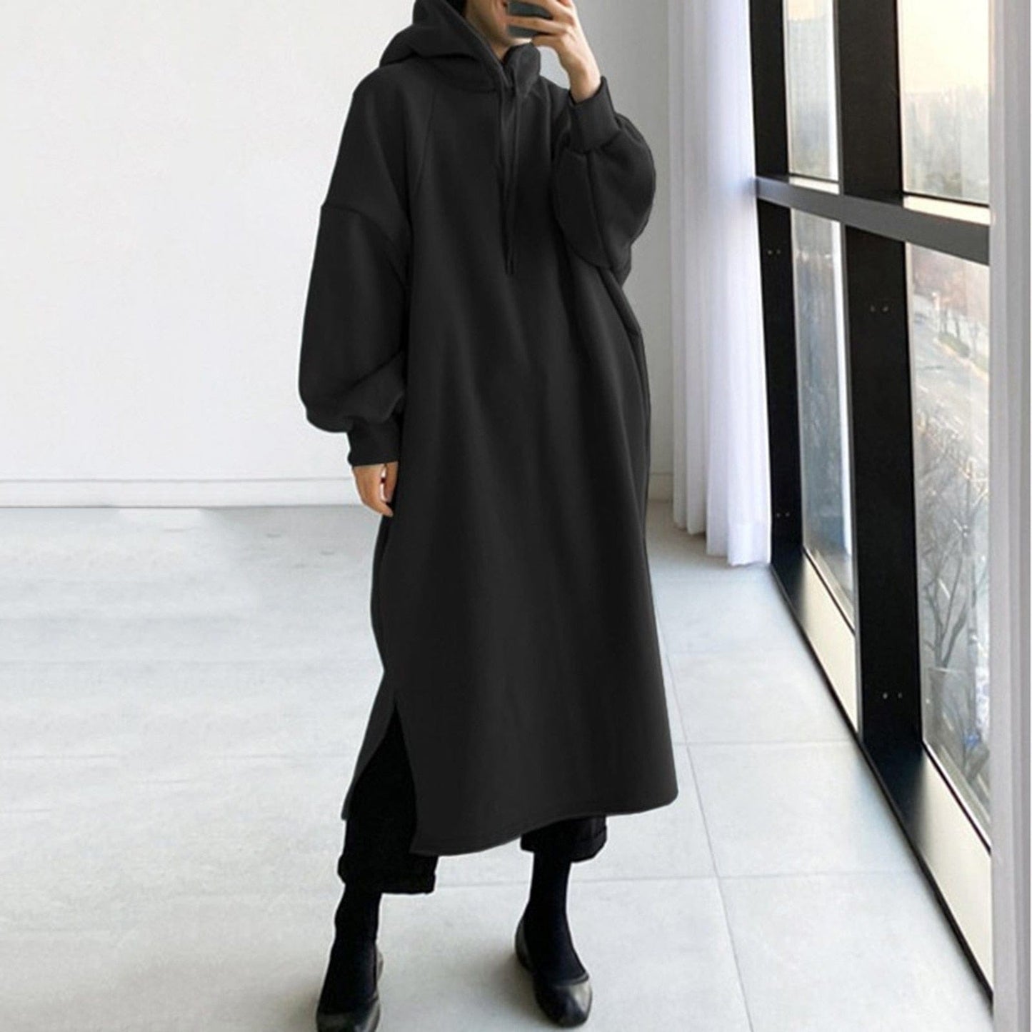 2022 Stylish Hooded Hoodies Dress Casual Long Sleeve Maxi Vestidos Female Drawstring Robe Femme Robe Winter Warm Pullovers - Dresses