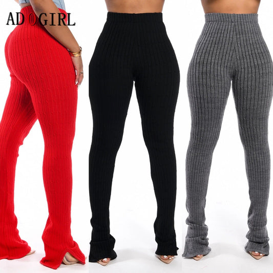 Adogirl Autumn Winter Knitted Side Slit Pants Women Fashion Solid High Waist Long Trousers Elastic Bell Bottom Sweatpants