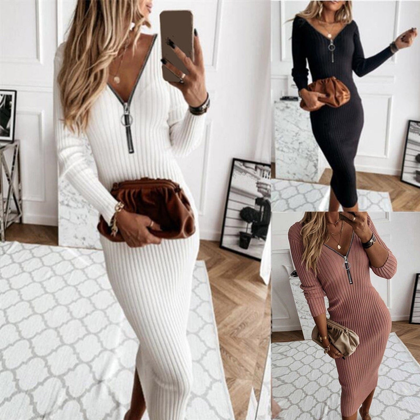 Autumn V-neck Fashion Casual Long Sleeve Party Bodycon Ribbed Knit Dress Women Autumn Winter Solid Slim Midi Women Sweater Dress - Dresses