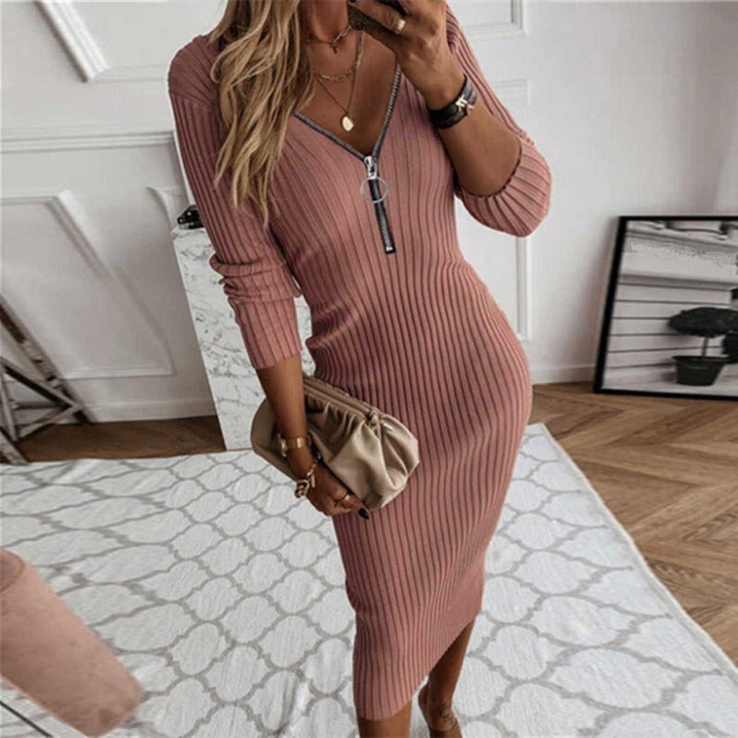 Autumn V-neck Fashion Casual Long Sleeve Party Bodycon Ribbed Knit Dress Women Autumn Winter Solid Slim Midi Women Sweater Dress - Dresses