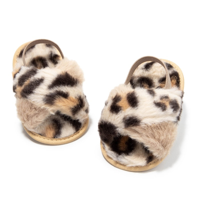 Baywell Baby Girls Leopard Plush Sandals Faux Fur Slides Sandals