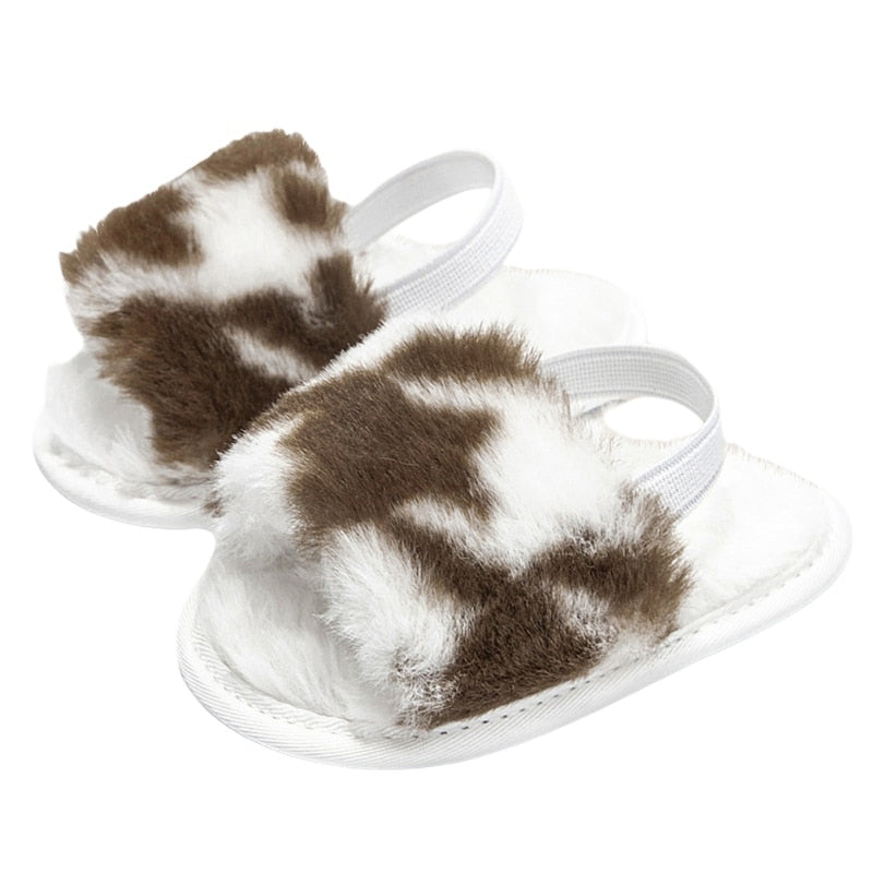 Baywell Baby Girls Leopard Plush Sandals Faux Fur Slides Sandals