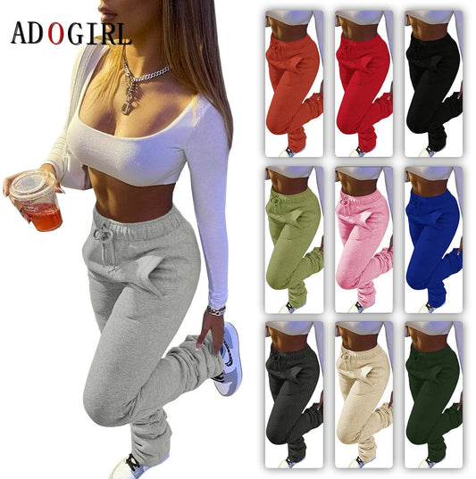 Casual Solid Stacked Sweatpants Women Casual Elastic Waist Jogger Trousers