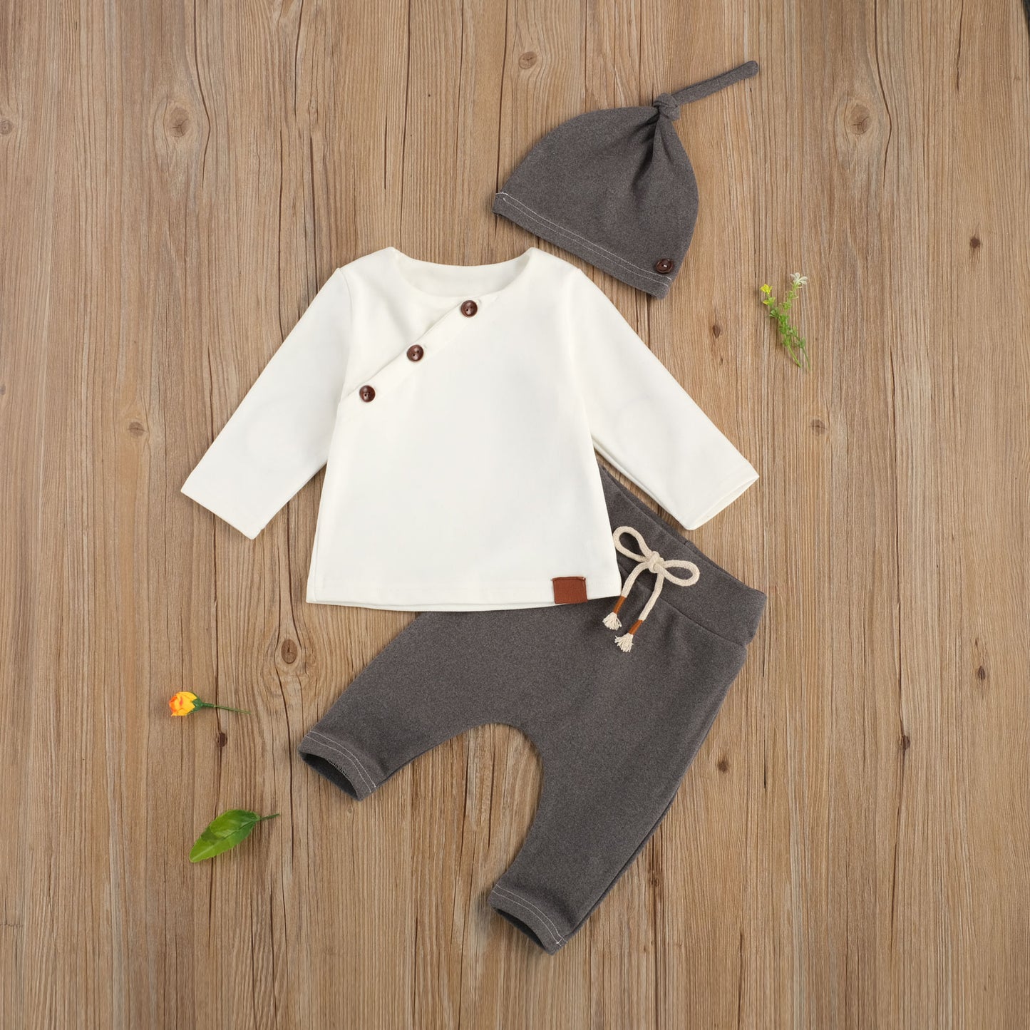 Spring Baby Boys Girls Suit Retro Buttons Long Sleeve Blouse Pants Hat 3pcs