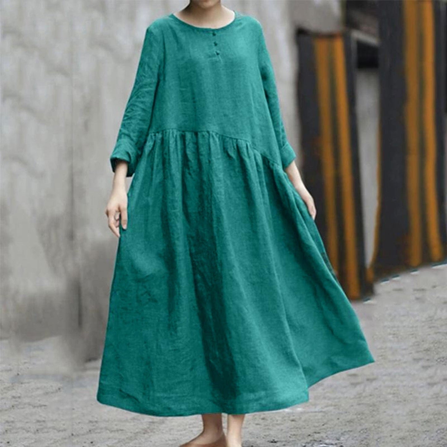 Cotton Linen Women Maxi Dress Casual Loose Buttons O Neck Long Sleeve Pockets Baggy Dresses Vintage- Dresses