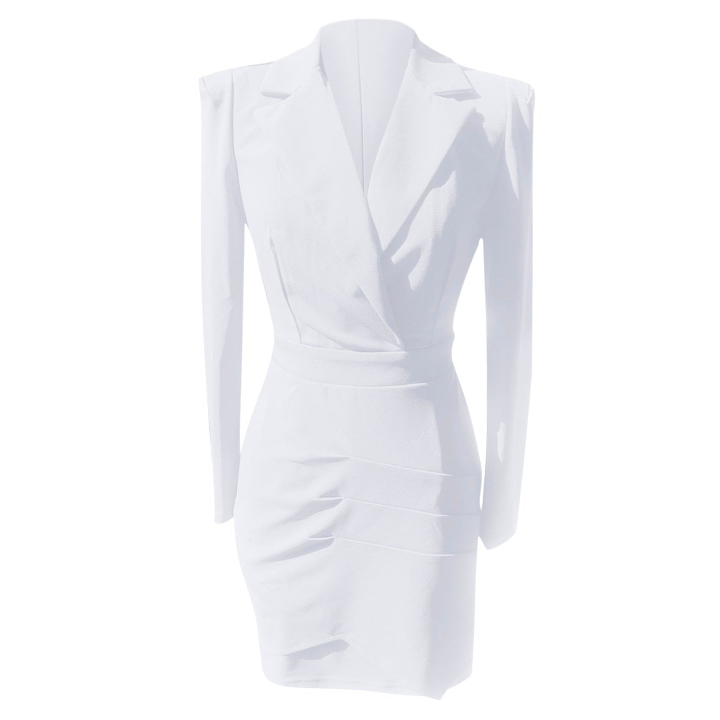 Elegant Office Ladies Women Padded Shoulder Ruched Blazer Dress Long Sleeve White Pencil Dress Office Workwear Blazer |Dresses|