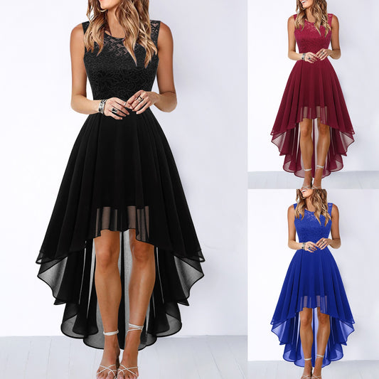 Fashion High Low Long Lace Dress Women Solid Ruffles Prom Dresses Women Evening Party Maxi Dress