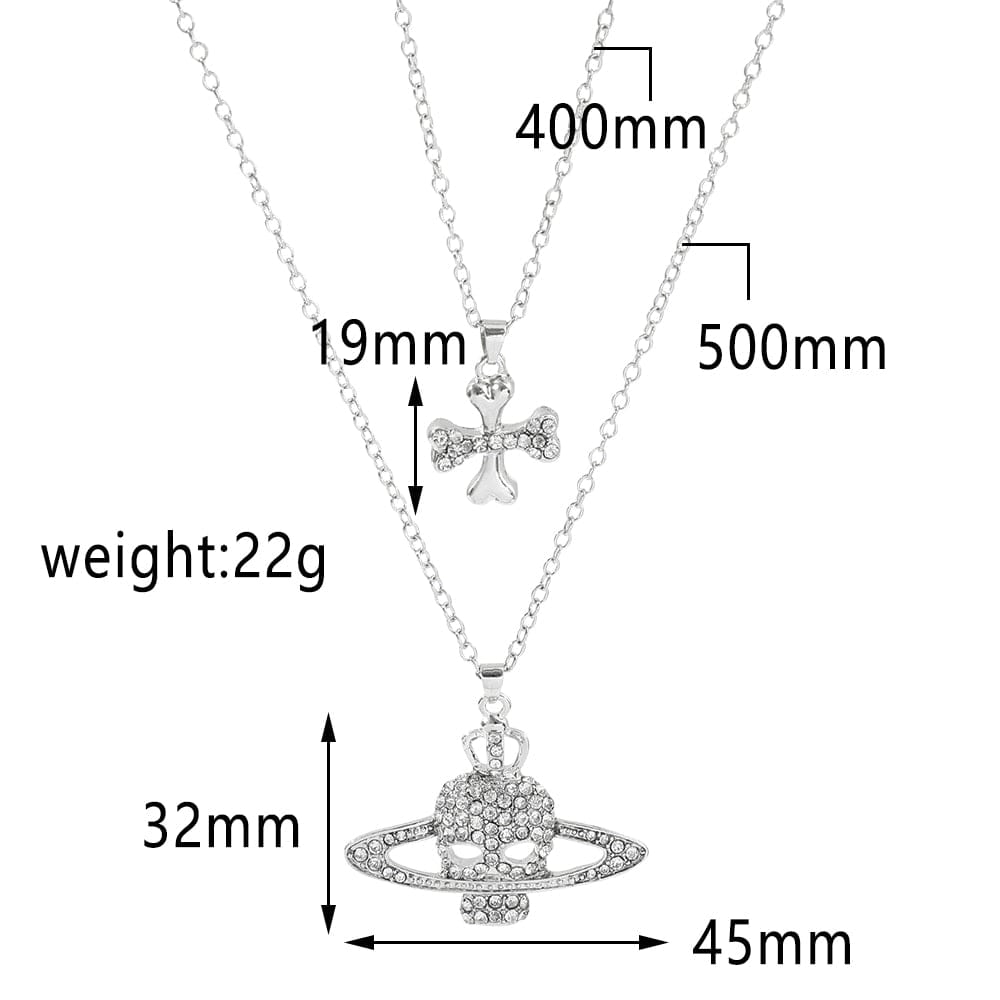 Fashion Rhinestone Skull Cross Saturn Silver Color Metal Necklace