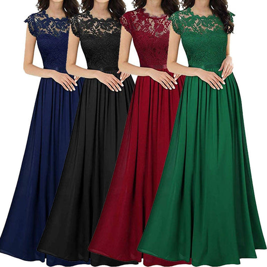 Floral Lace Patchwork Maxi Dress Ladies Stitching Bridesmaids Wedding Party Dress Sleeveless Pleated Dress  Gowns - Dresses