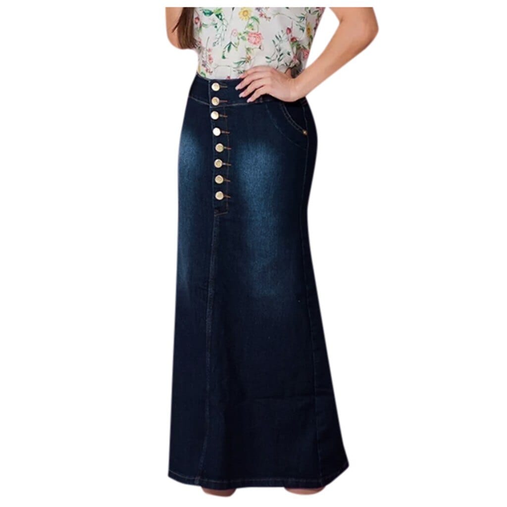 Women's Front Button Washed Denim A-line Skirts Long Jeans