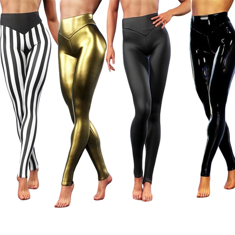 Women Pencil Leggings Bright Pu Leather Skinny High Elastic Waist