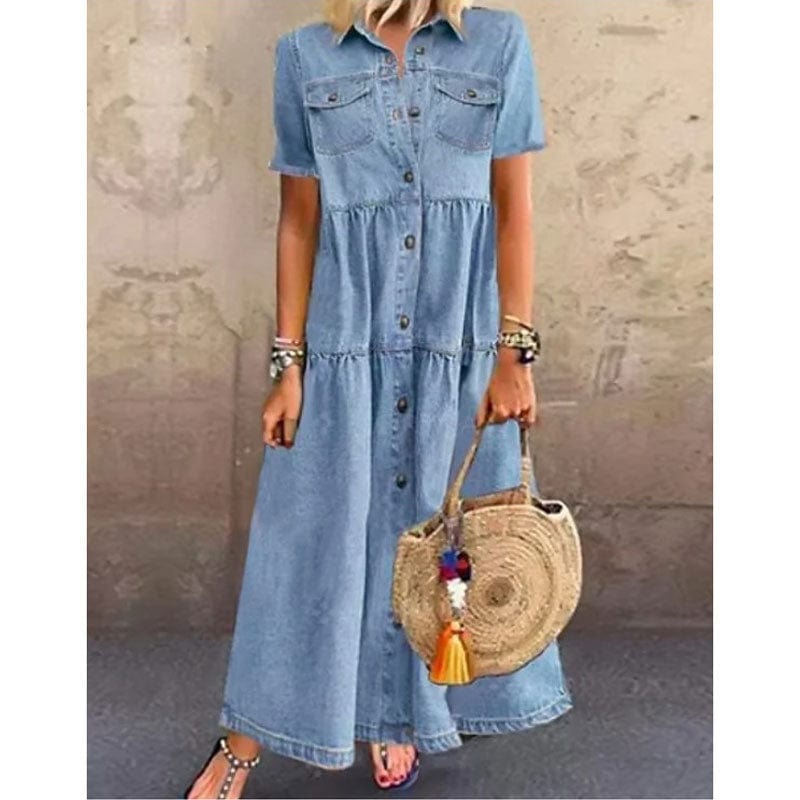 Long Solid Denim Pleated Short Sleeve Shirt Dress Fashion New Style Summer Splicing Cardigan - Dresses