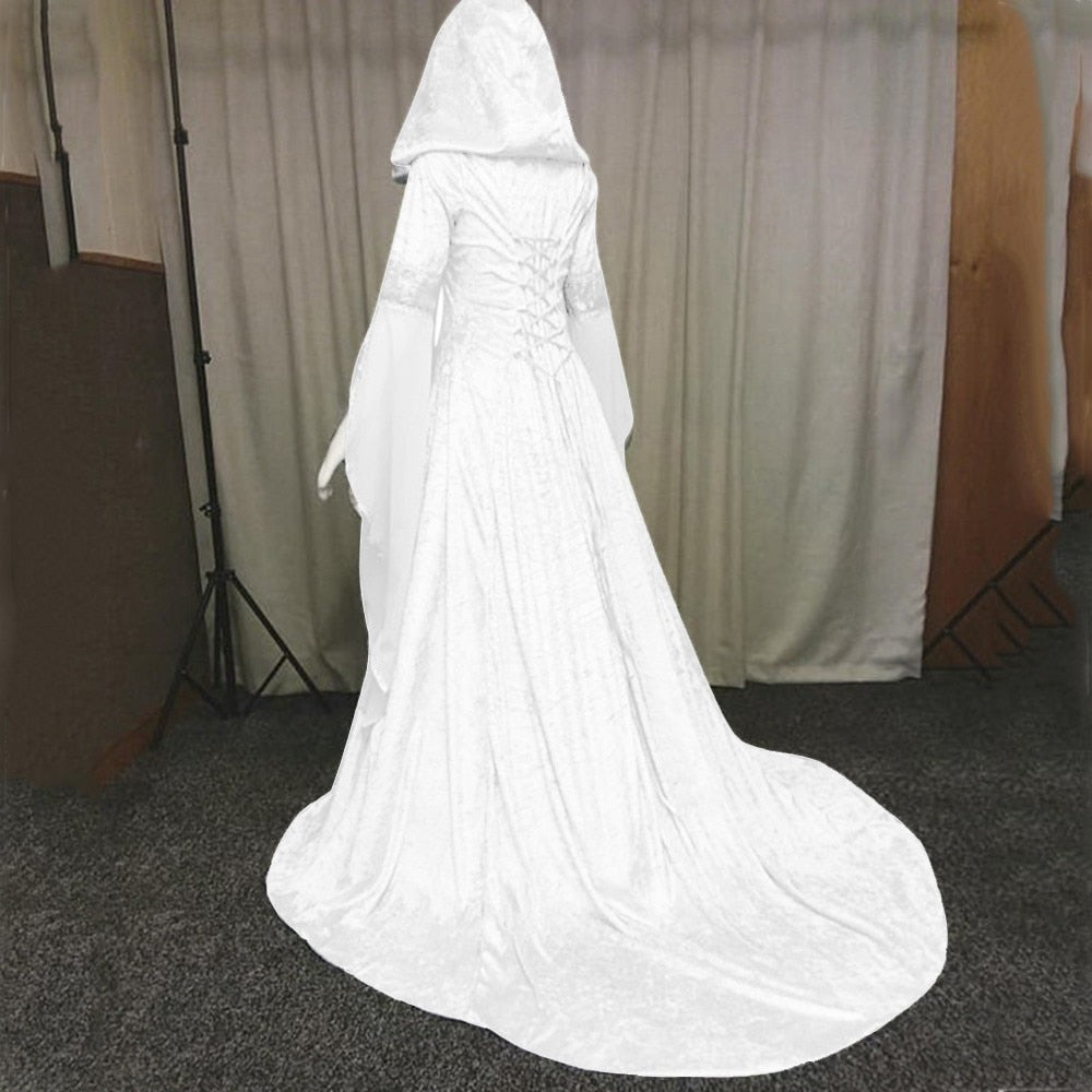 Medieval Renaissance Maxi Dress Women Halloween Devil Pagan Witch Wedding Costume Hooded Gown