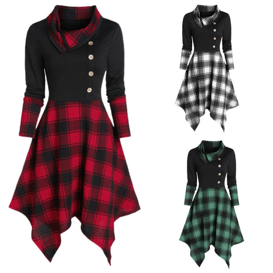 New Punk Gothic Plaid Dress Women Patchwork Button Long Sleeve Irregular Dress Winter Sweatshirt Casual |Dresses|