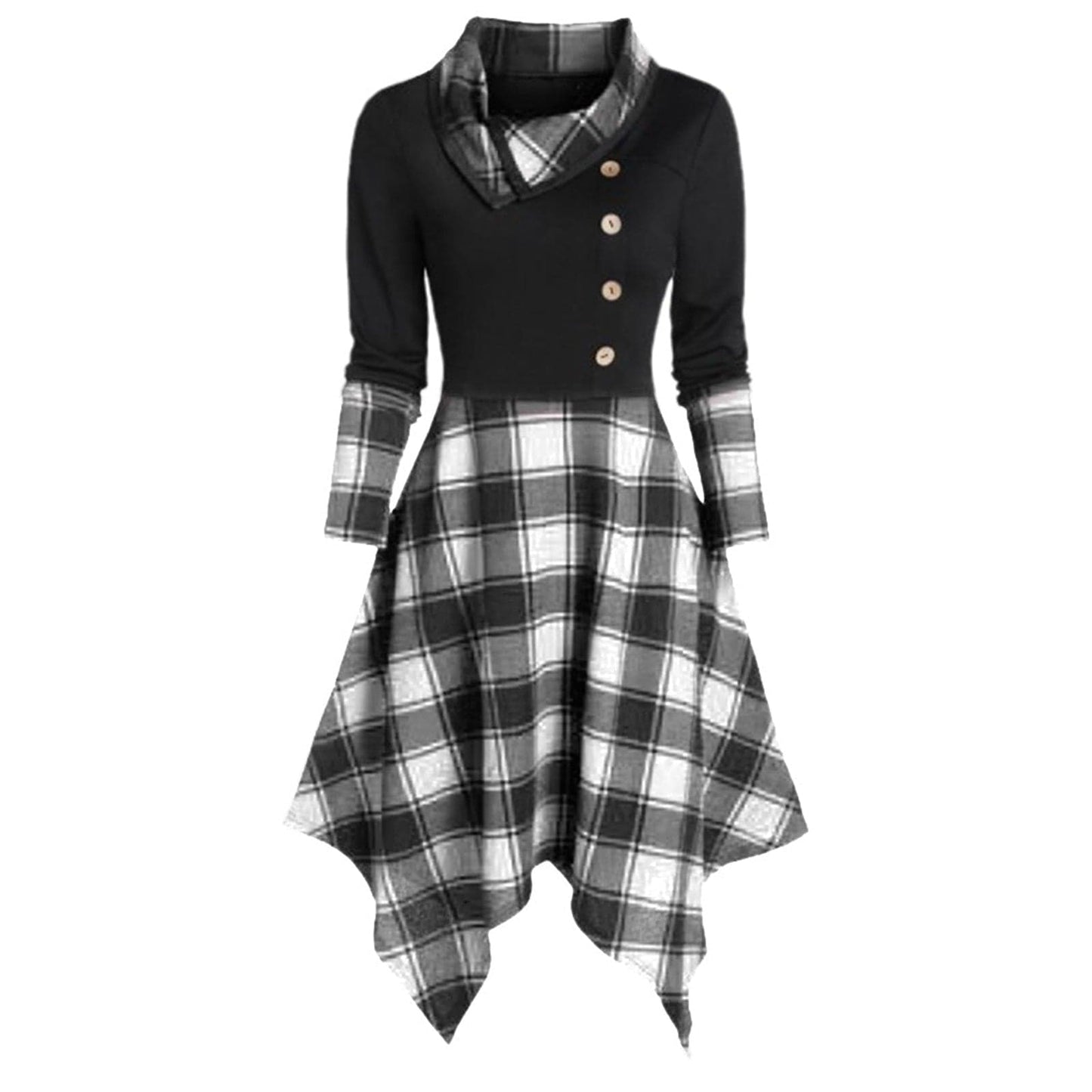 New Punk Gothic Plaid Dress Women Patchwork Button Long Sleeve Irregular Dress Winter Sweatshirt Casual |Dresses|