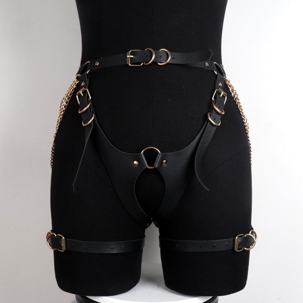 Underwear Black Adjustable Body Bondage Belt Handmade Garter Belt Gothic Fabric Two Piece Set With Metal Chain