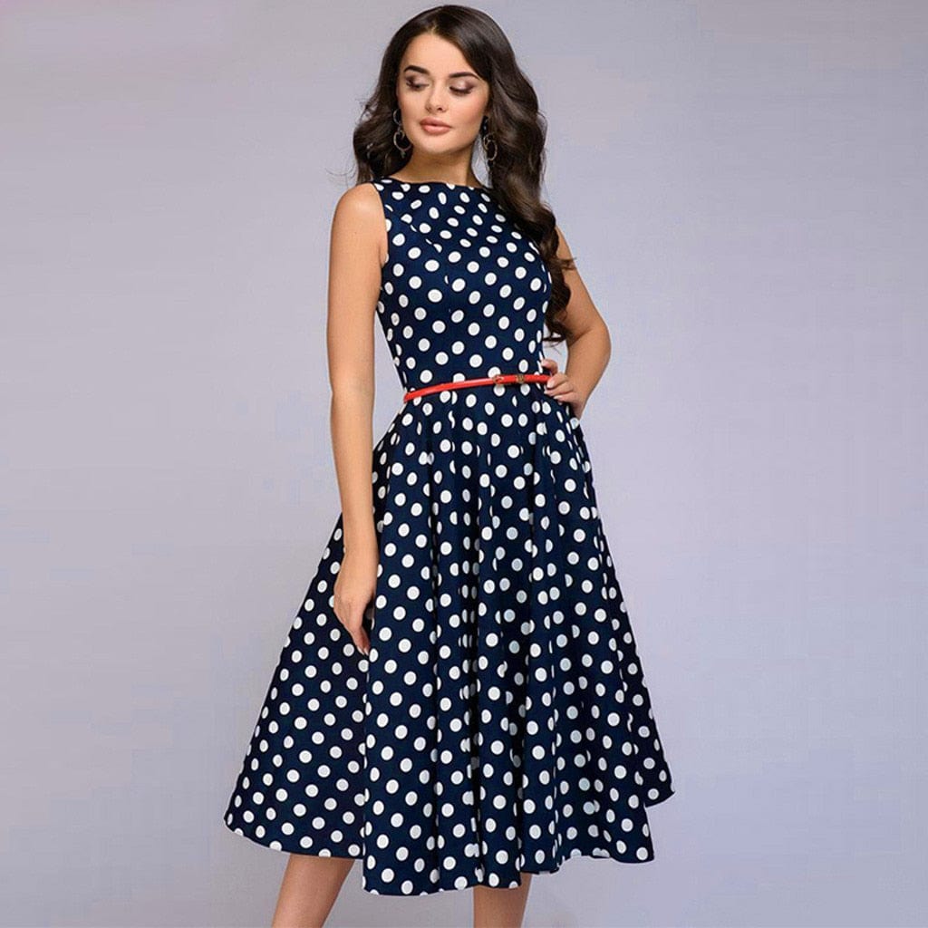 Women Elegant Polka Dot Print Blue Flared Dress Sleeveless  Retro Party Casual Streetwear Dress - Dresses