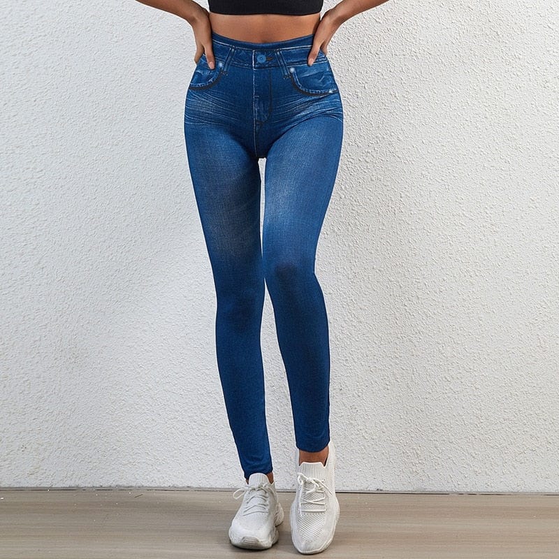 Women Jeggings Faux Denim Jeans Leggings High Waisted Tummy Control Slim Leggins