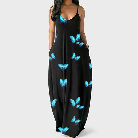 Women Plus Size Summer Sexy V-neck Butterfly Print Sleeveless Pullover Long Dresses Off Shoulder  - Dresses