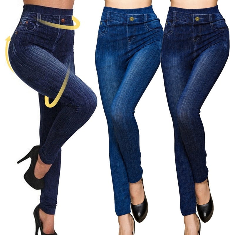 Women Print Winter Jeggings Seamless Lady Casual High Waist Faux Jeans