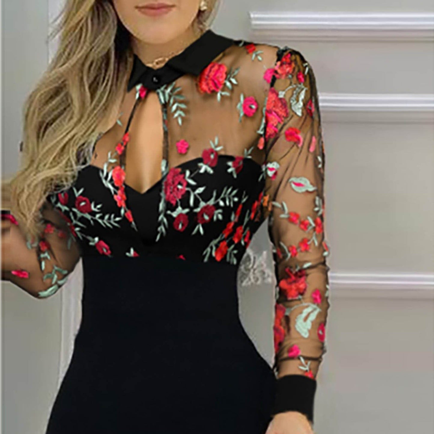 Women Slit Ruffles Hem Floral Pattern Slimming Lace Mesh Hollow Out Sexy V-neck Printed Long Sleeve Dress - Dresses