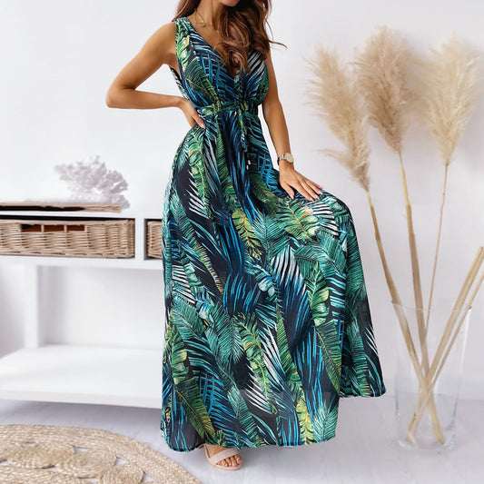 Women's Summer Long Dress Fashion New Floral Print Deep V-neck Strap Dress