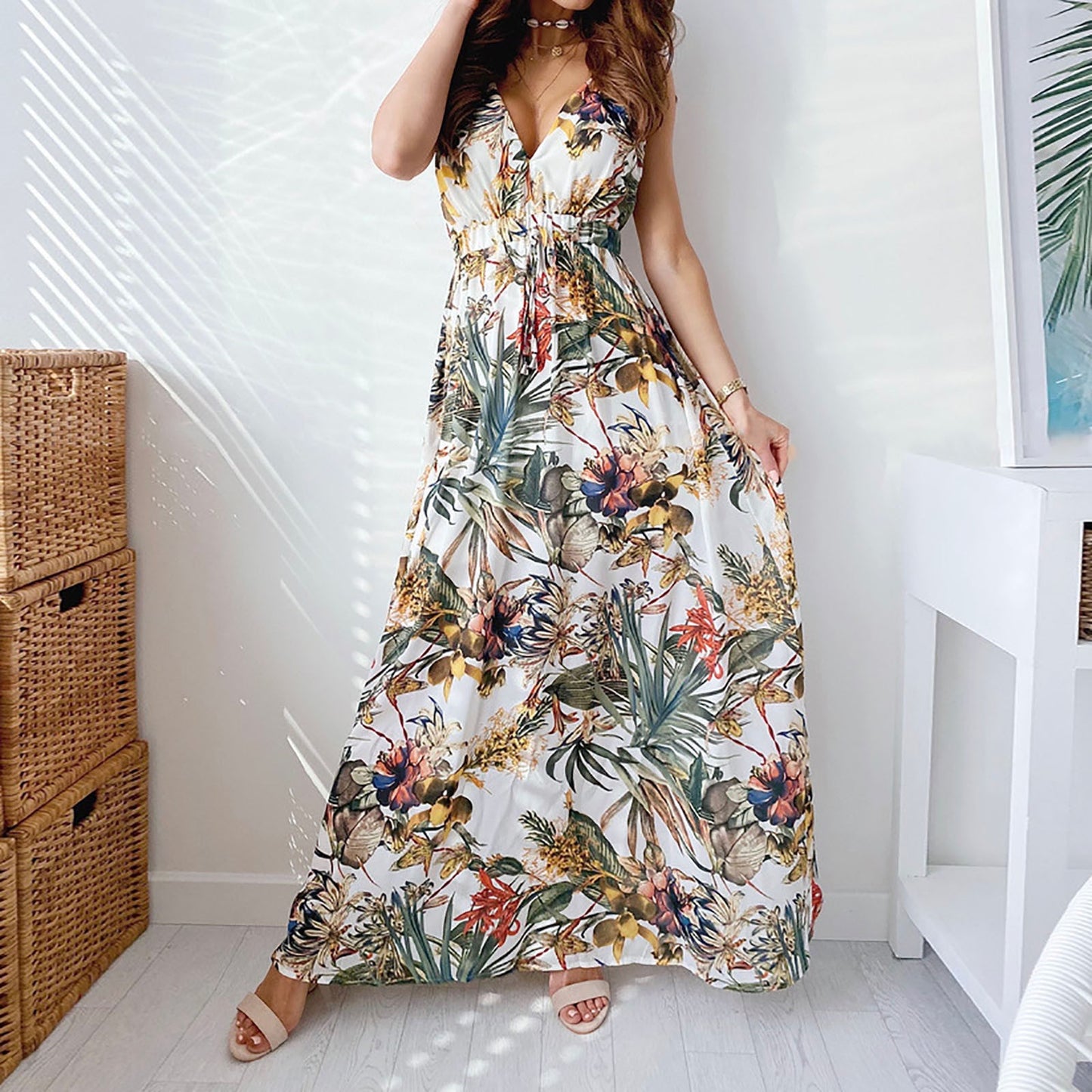 Women's Summer Long Dress Fashion New Floral Print Deep V-neck Strap Dress