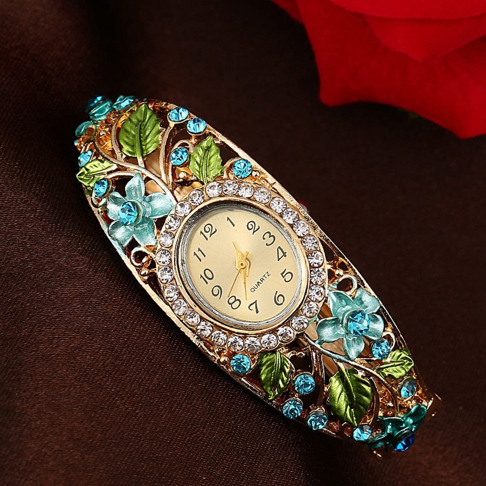 Womens Watch Luxury Bangle Watch Ladies Crystal Flower Bracelet Women Wristwatch