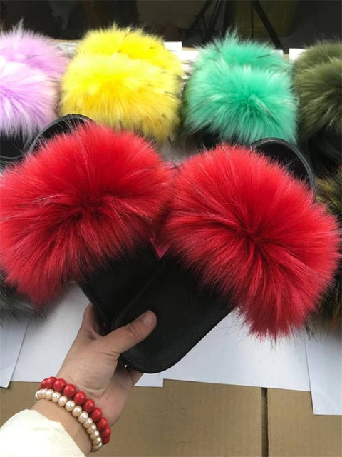 Girl Luxury Fluffy Fur Slippers Ladies Indoor Warm Furry Fur Flip Flops Women