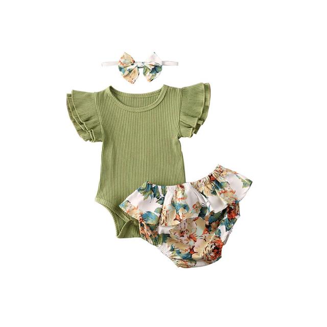 0-24m Baby Clothing Infant Newborn Baby Girl Ruffled Ribbed Bodysuit Floral Shorts Headband 3pcs Set