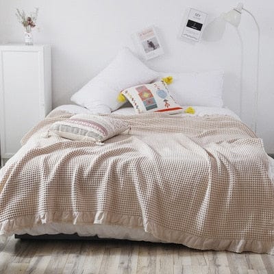 100% Cotton Soft Bed Plaid Home Knitted Blanket Corn Grain Waffle Embossed Summer Ruffles Warm Plaid Throw Bedspread