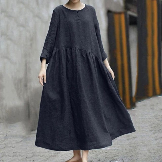 Cotton Linen Women Maxi Dress Casual Loose Buttons O Neck Long Sleeve Pockets Baggy Dresses Vintage- Dresses