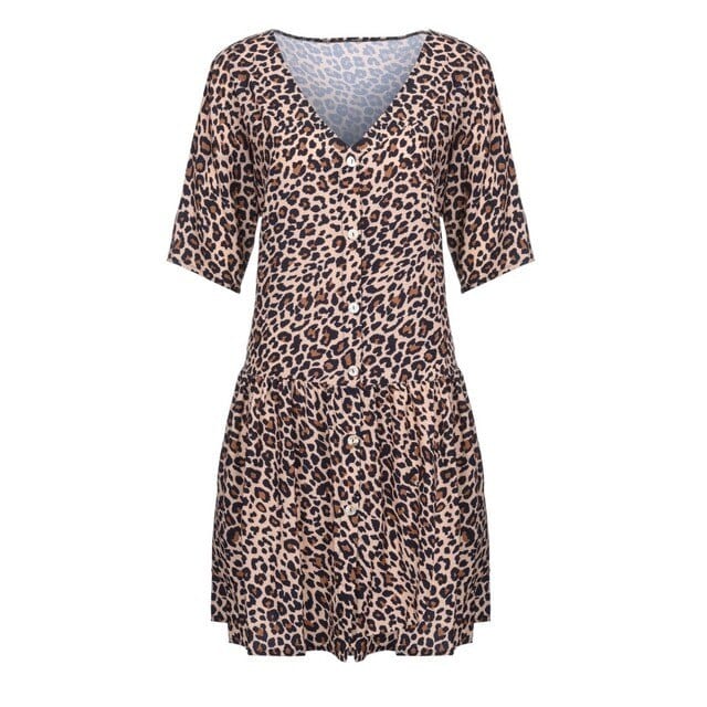 Sexy Womens Loose Dress Fashion Ladies Open Leopard Splice Print Button Casual Party Dress  - Dresses