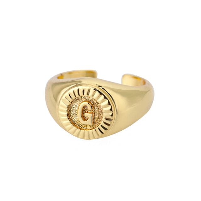Vintage Stainless Steel Gold Circle Coin Letter Rings For Women Minimalist Letter Alphabet Signet Ring