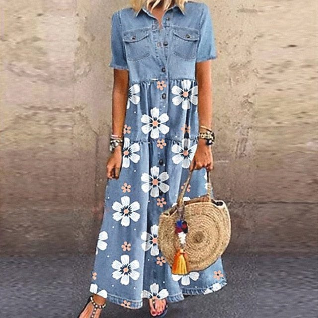 Long Solid Denim Pleated Short Sleeve Shirt Dress Fashion New Style Summer Splicing Cardigan - Dresses