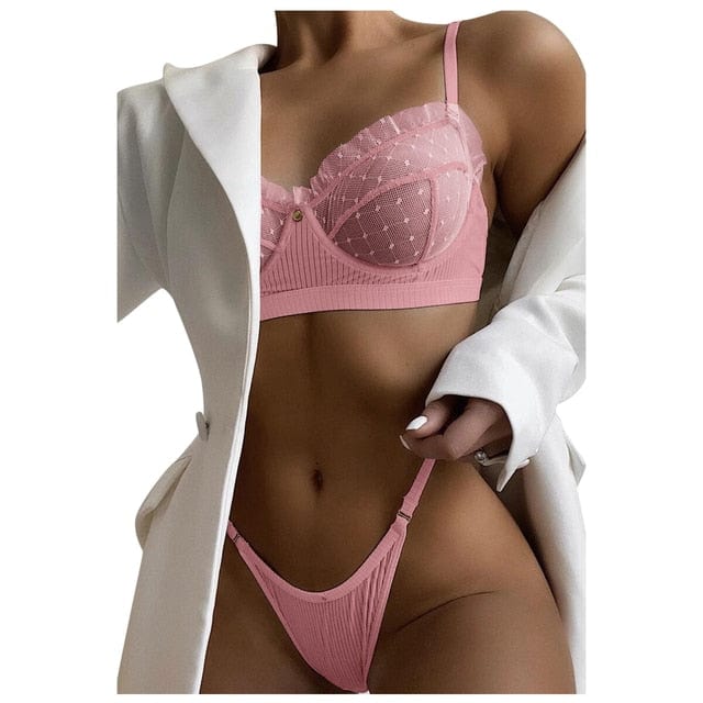 Ruffle Mesh Lace Lingerie 2 Piece Women Underwear Set Transparent Bras Panty