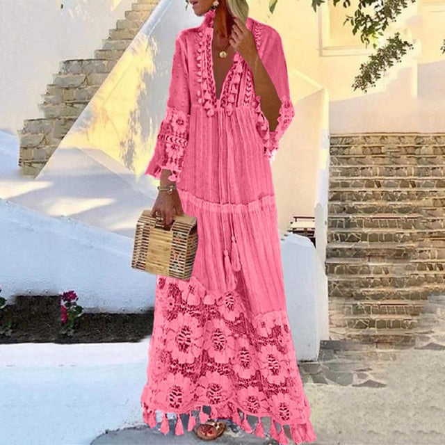 New Bohemian Women Lace Tassel Dress Summer Sexy V Neck Solid Short Sleeve Maxi Long Beach Party Dress
