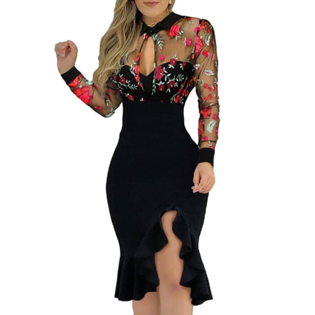 Women Slit Ruffles Hem Floral Pattern Slimming Lace Mesh Hollow Out Sexy V-neck Printed Long Sleeve Dress - Dresses