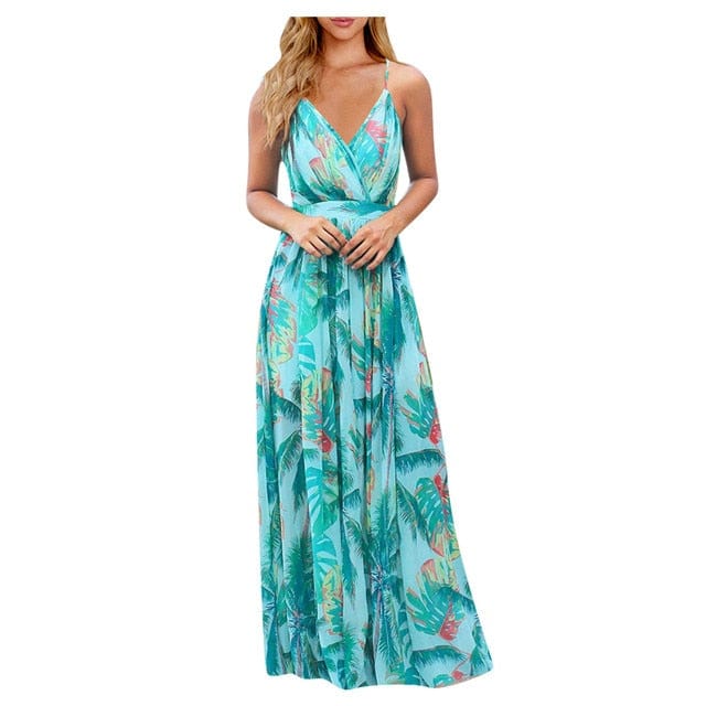 Women Casual Tropical Boho Floral Print Sexy Backless Sundress Evening Party Long Maxi Spaghetti Straps Dresses - Dresses