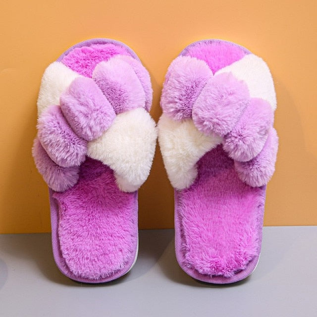 Winter Women Furry Slippers Soft Plush Cross Faux Fur Shoes