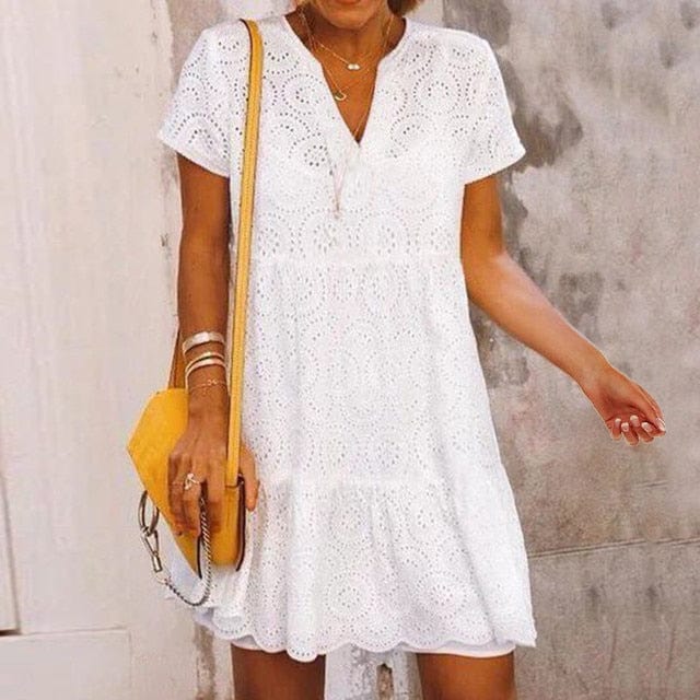 Wedding White Lace Dress Women Summer Casual Sexy Embroidered Appliqué Strap Dress  - Dresses