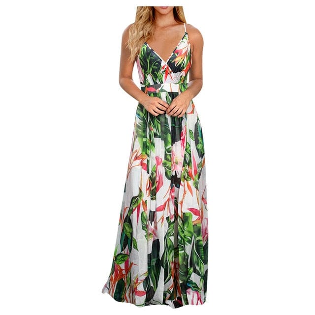 Women Casual Tropical Boho Floral Print Sexy Backless Sundress Evening Party Long Maxi Spaghetti Straps Dresses - Dresses