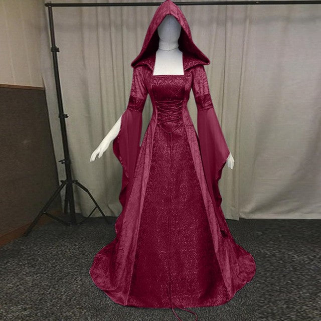 Medieval Renaissance Maxi Dress Women Halloween Devil Pagan Witch Wedding Costume Hooded Gown