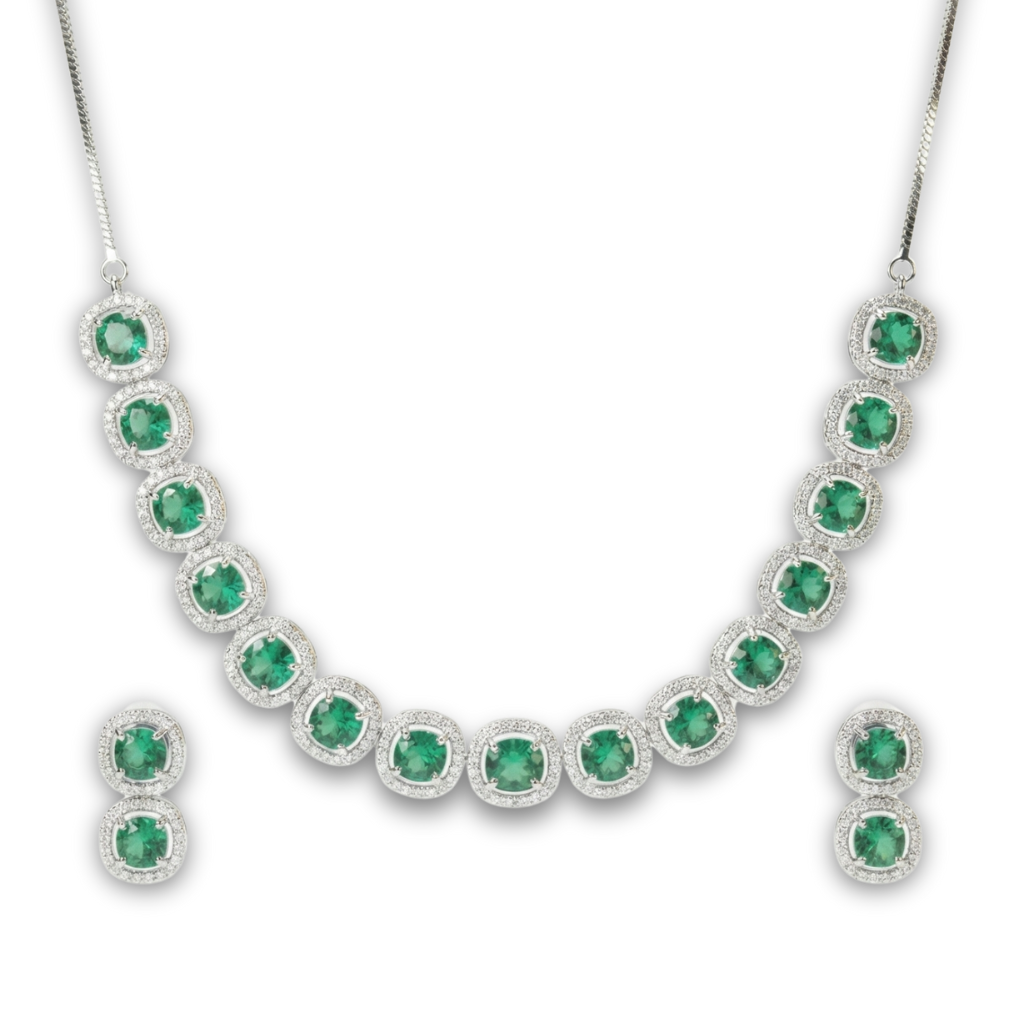 XZ58 – Green & Silver Necklace & Ear Rings Set
