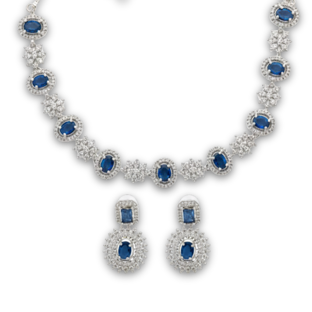 XZ57 – Blue & Silver Necklace & Ear Rings Set