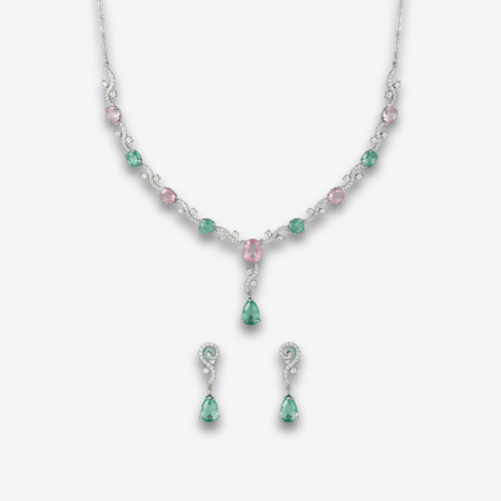 XZ20 – Pink & Teal Necklace & Ear Rings Set
