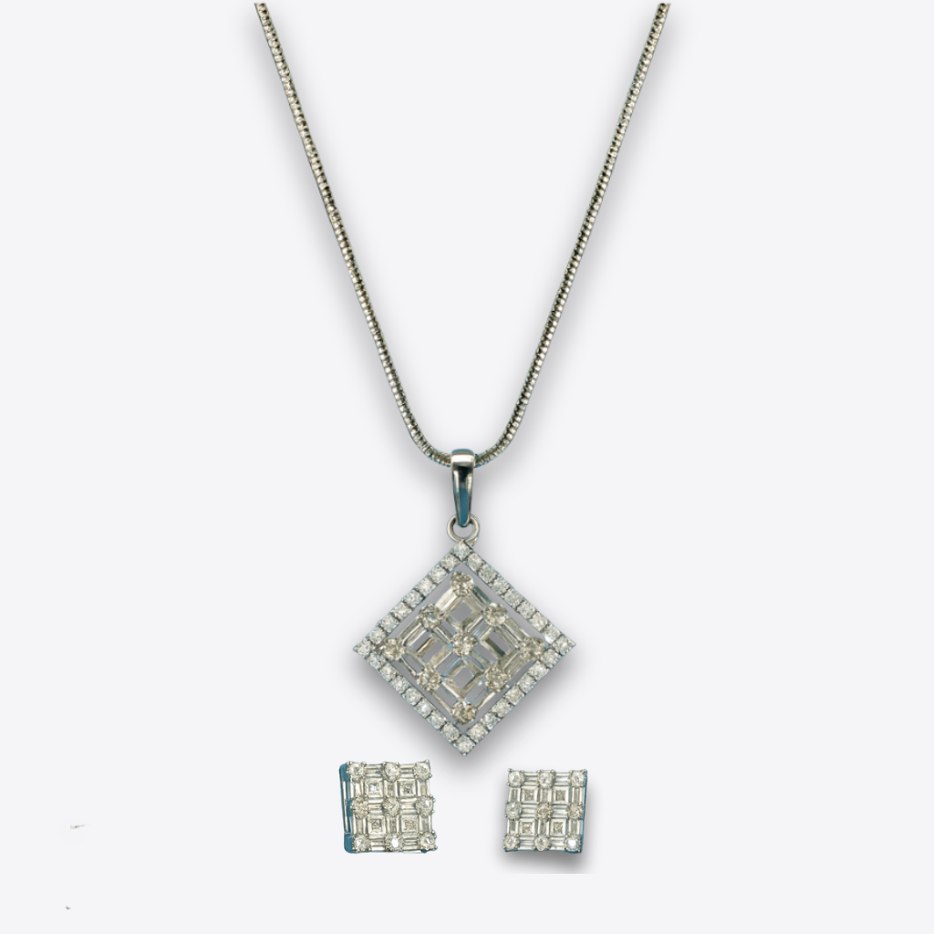 XZ127 – Silver Square Necklace & Ear Rings Set