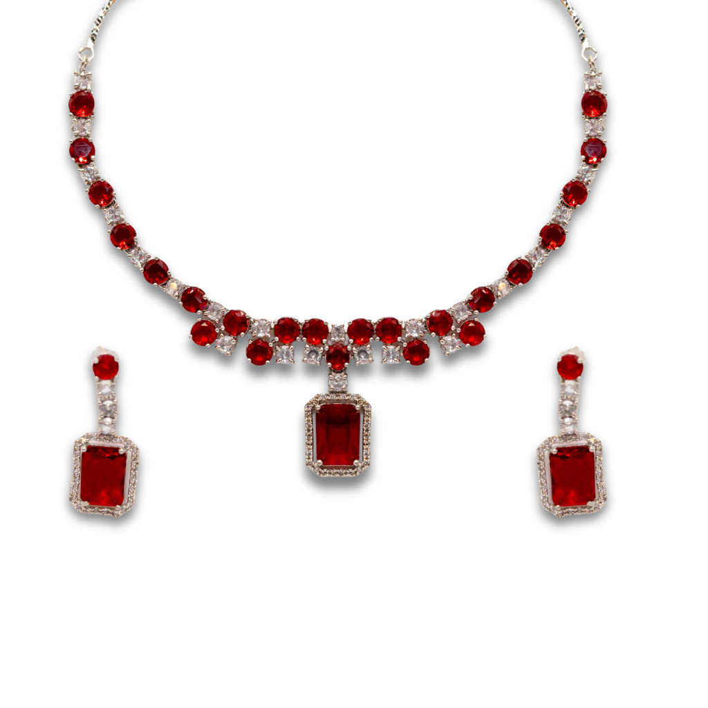 XZ60/1 Green & Red Stones Necklace & Ear Rings Set